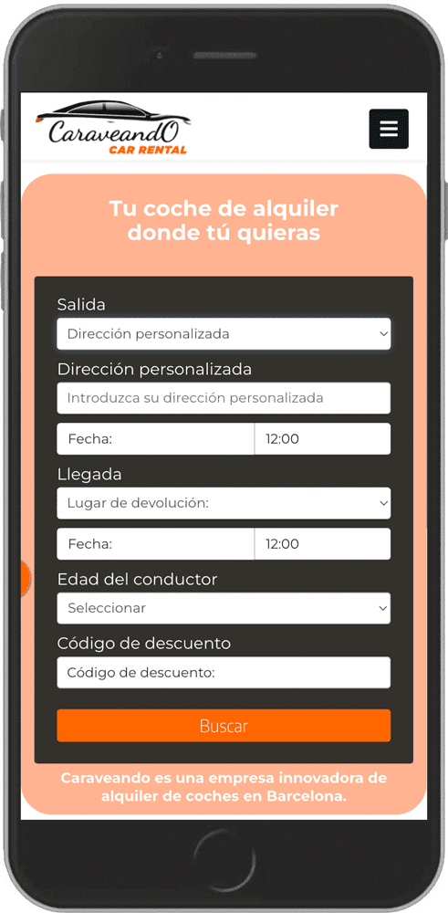 Captura de pantalla del formulario de reserva de Caraveando para alquilar coches en Barcelona